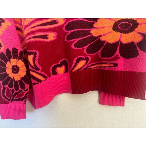 FARM RIO Cutout Asymmetrical Knit Bold Pink Floral Turtleneck Wool Blend Sweater - Picture 9 of 14